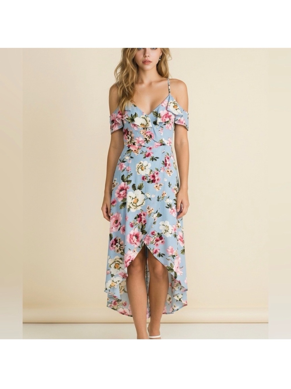 Iz Byer Light Blue Floral Cold-Shoulder High-Low Dress